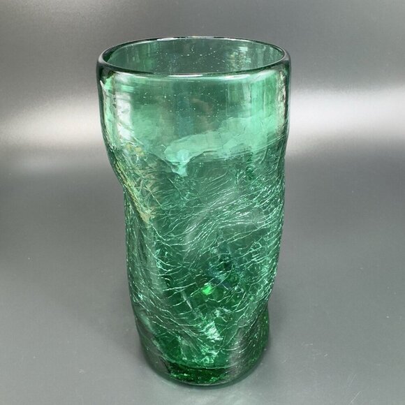 Crackle Green Glass Tumbler Pinched Dimpled Tumblers Cups Glasses Set 2 Vintage - Picture 2 of 13